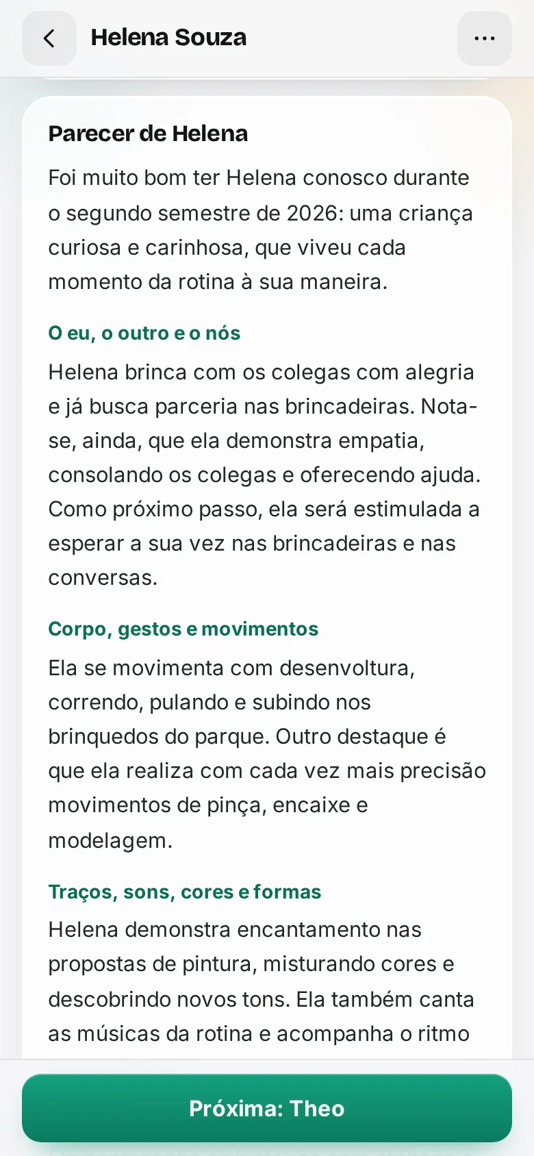 O parecer da Helena pronto no app, organizado pelos campos de experiência da BNCC